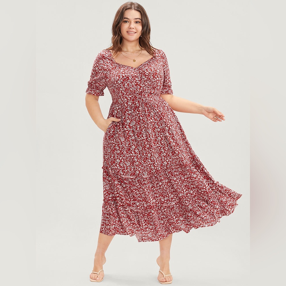 Ditsy Floral Puff Sleeve Pocket Ruched Ruffle Hem Dress